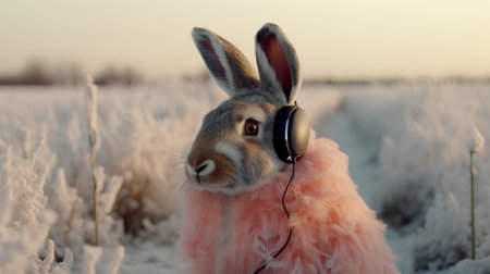 Rabbit listening to music with headphones in the winter field at sunsetの素材