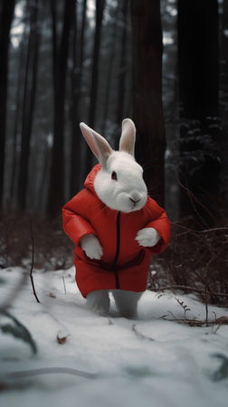 White rabbit in a red jacket stands in the forest in winter.の素材