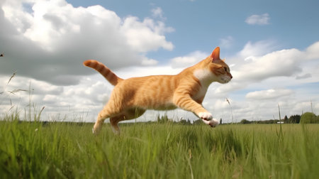 ginger cat jumping in the green grass with blue sky and cloudsの素材