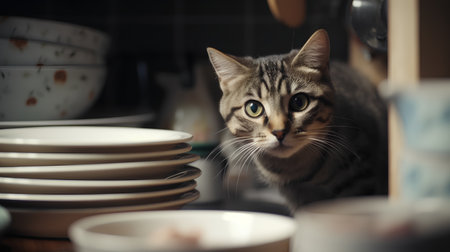 Cute tabby cat looking at a stack of dishes in the kitchenの素材