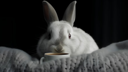 Rabbit with a cup of coffee on a dark background. Close-up.の素材