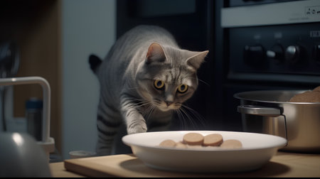 Cat eating cookies in the kitchen at home. Shallow depth of field.の素材