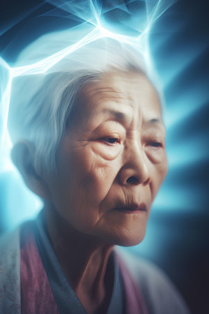 Portrait of an elderly woman with light rays in the background.の素材