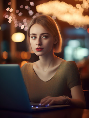 Beautiful young woman sitting in a cafe and working on a laptopの素材