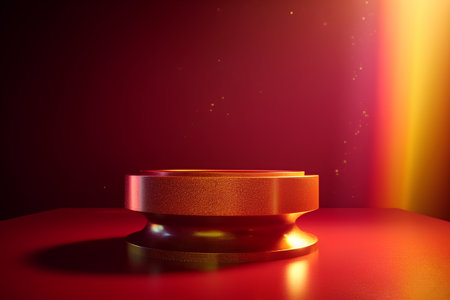 Golden podium on red background. 3d render. Abstract background.の素材