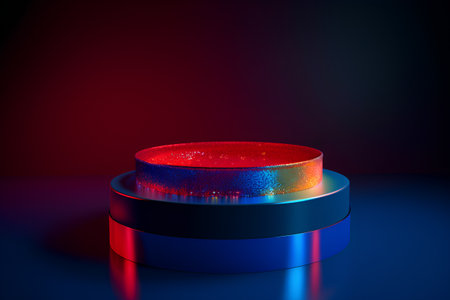 Neon round podium on dark background, 3d rendering. Computer digital drawing.の素材