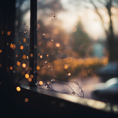 Beautiful bokeh of lights on the window in winter.の素材