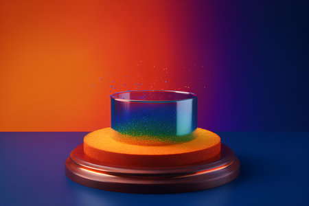 3d illustration of a pedestal with a rainbow on a blue backgroundの素材