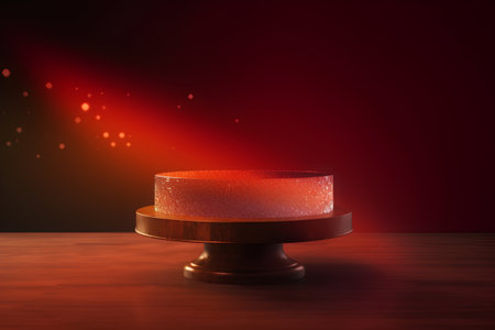 3d rendering of a red podium on a wooden floor illuminated by a spotlightの素材