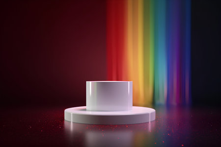 3d render, abstract background with white podium and rainbow light.の素材