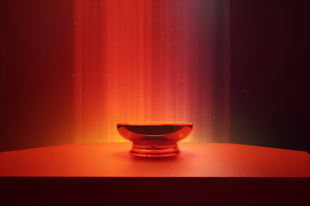 3d rendering of a bowl on a red background with light raysの素材
