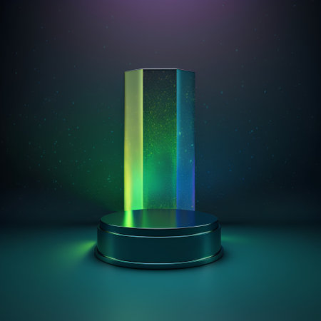 Abstract 3d rendering of empty podium. Neon light background. Futuristic technology style. Elegant pedestal for your design.の素材