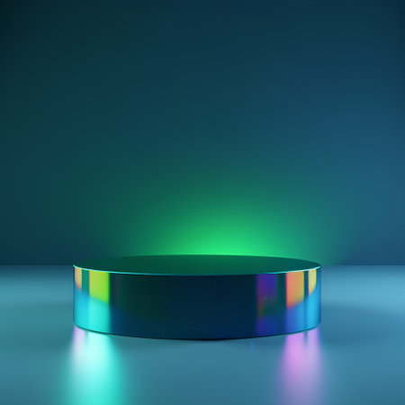 3d render, abstract background, empty round podium, green and blue neon lightの素材