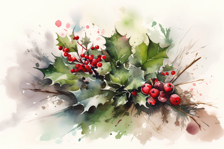 Watercolor Christmas holly branch with berries and leaves. Hand drawn illustration.の素材
