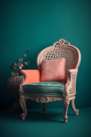 Vintage armchair with cushions in green interior. 3d renderの素材