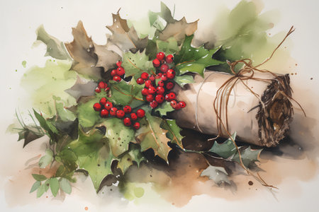 Watercolor Christmas still life with holly berry and gift boxの素材