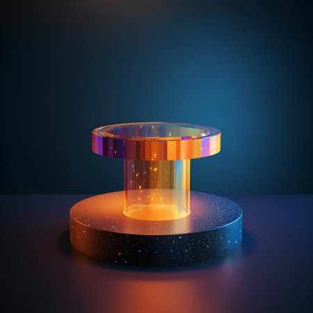 Neon round podium on dark blue background. 3d rendering.の素材