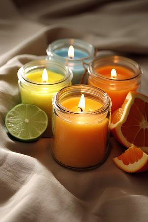 Candles in glass jars with lime and orange slices on fabric backgroundの素材