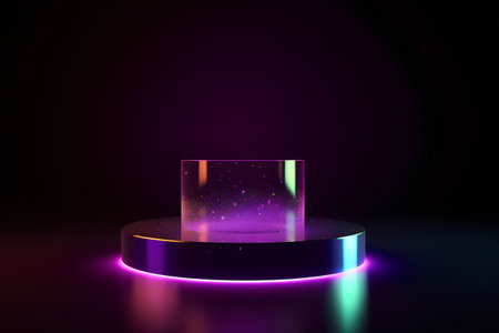 Neon pedestal on dark background. 3d illustration. Neon light.の素材