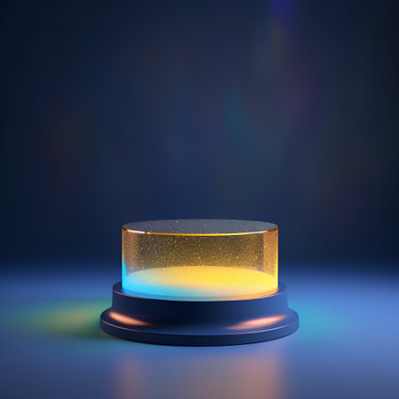 Abstract 3d rendering of round pedestal or platform illuminated by multicolored lights.の素材