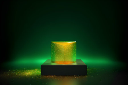Abstract golden glowing pedestal on dark green background. 3d renderの素材