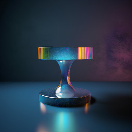 3d rendering of a stand in a dark room with neon lightの素材