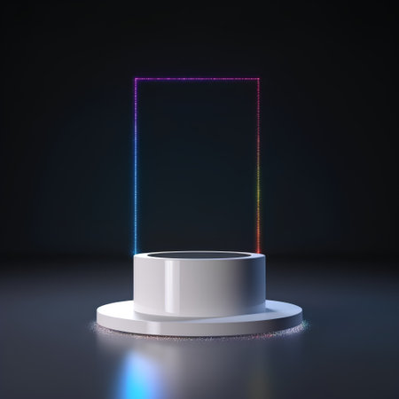 Neon square podium on dark background. 3D rendering. Neon lights.の素材