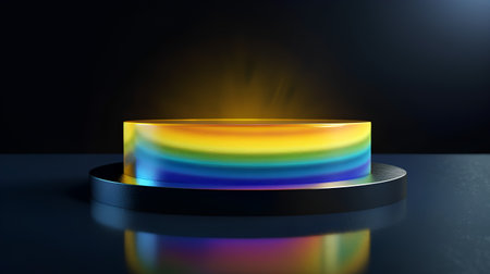 3d rendering of a podium with a lit candle on a dark backgroundの素材