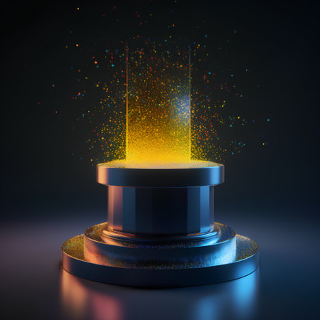 Abstract 3d render of golden podium with glowing particles on black backgroundの素材