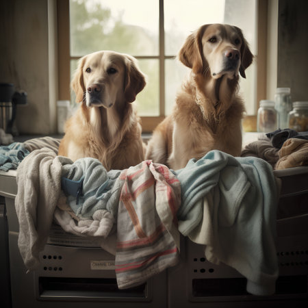 Two golden retriever dogs sitting in a washing machine at home.の素材