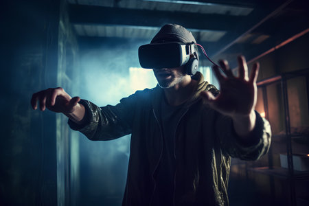 Young man wearing virtual reality goggles over dark background. Future technology concept.の素材