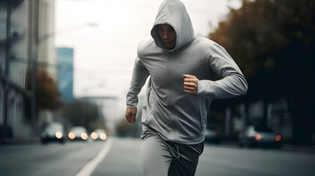 Young man jogging in the city. Sport and healthy lifestyle.の素材