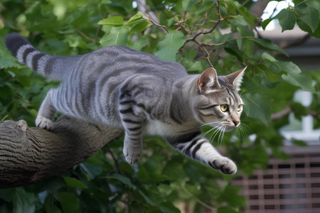 Domestic cat is climbing on a tree branch. Selective focus.の素材