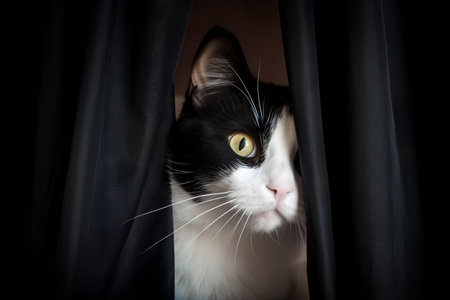 Portrait of a black and white cat peeking through the windowの素材
