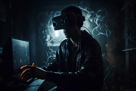 Man in virtual reality headset playing game with computer on dark background.の素材