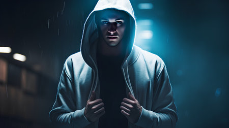 Hooded man in a hood standing in the rain on a dark backgroundの素材