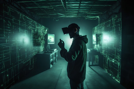 Man with virtual reality headset or 3d glasses in dark room with glowing lights. Mixed mediaの素材