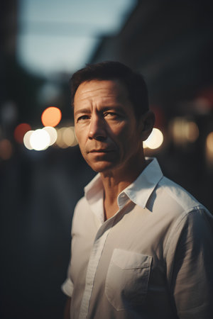 Portrait of a middle-aged man in the city at nightの素材