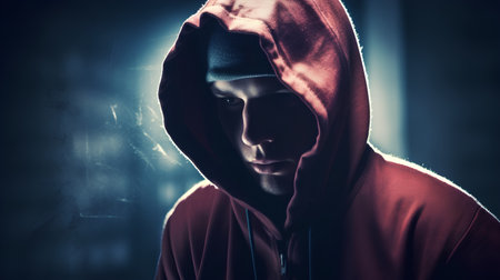 Portrait of a young man in a hoodie looking at cameraの素材