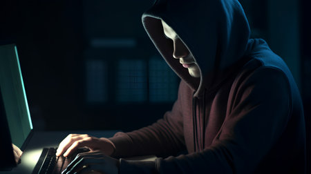 Hooded hacker stealing data from a laptop. Dark background.の素材