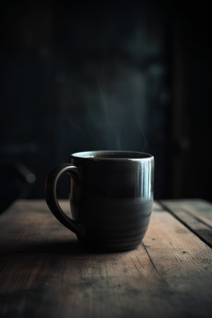 Cup of coffee on a wooden table in a dark room.の素材