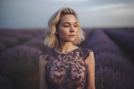 Beautiful girl in a lavender field at sunset. Toned.の素材