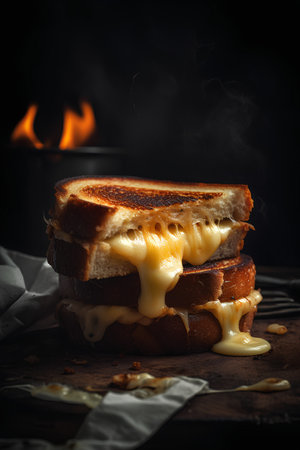 Cheese sandwich with melted cheese on a dark background. Toned.の素材