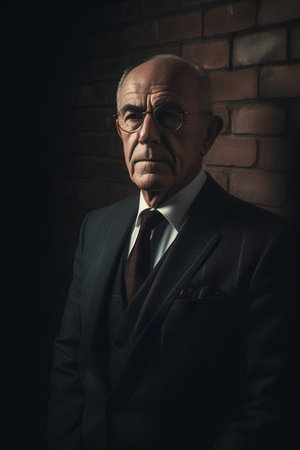 Portrait of an old man in a suit against a brick wallの素材