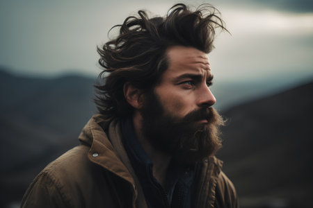 Portrait of a handsome young man with long beard and moustache in the mountainsの素材