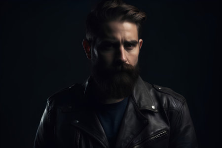 Portrait of a handsome bearded man in a leather jacket. Men's beauty, fashion.の素材