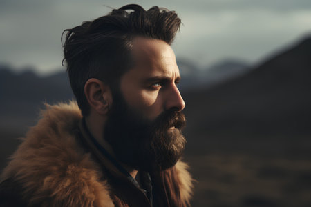 Bearded man with long beard and moustache on serious face in fur coat on mountain backgroundの素材