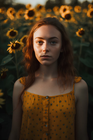 Portrait of a beautiful red-haired girl in a field of sunflowers.の素材