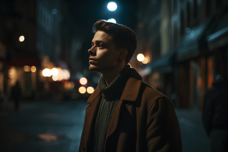 Portrait of a handsome young man in a coat on the street at night.の素材