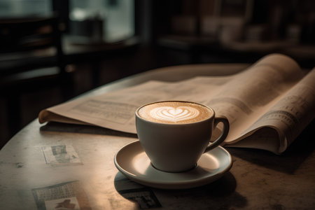 Coffee cup with latte art on wooden table in coffee shopの素材